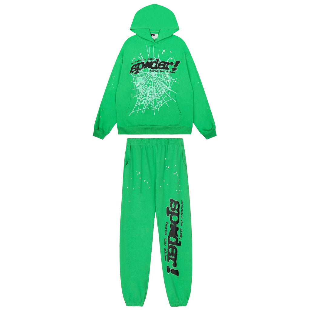 Sp5der Green Web Graphic Hoodie & Pants Matching Set — hero